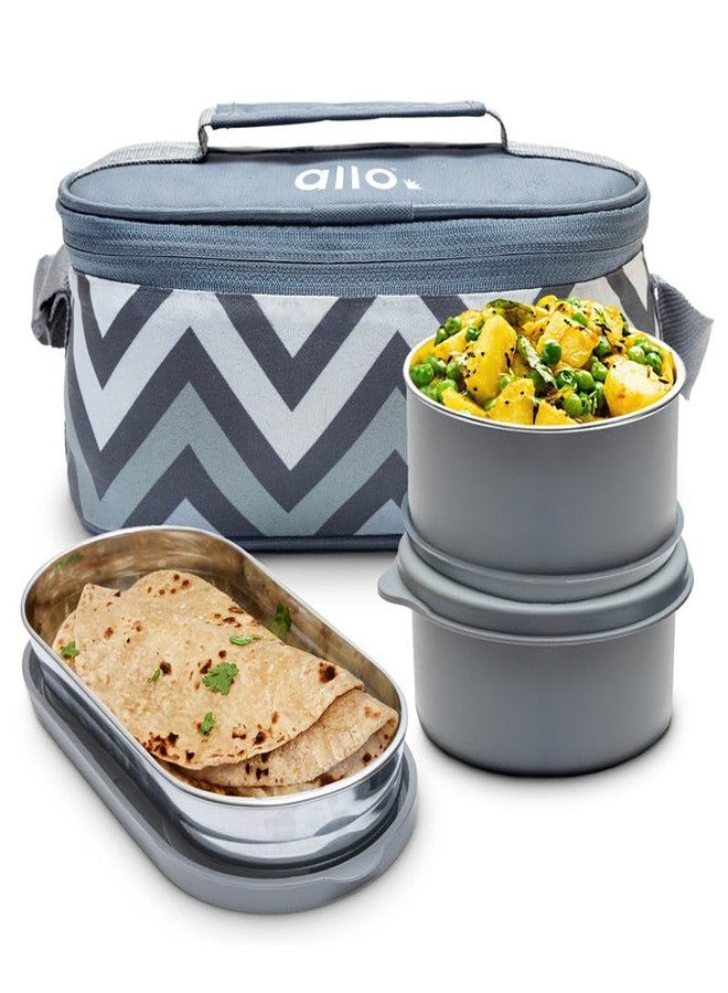 Allo Microwave Safe Steel Lunch Box for Office with Bag for Men and Women, Air Tight & Leak Proof Stainless Steel Tiffin for Office, School, College, Set of 3 with Chevron Grey Bag - Image 1